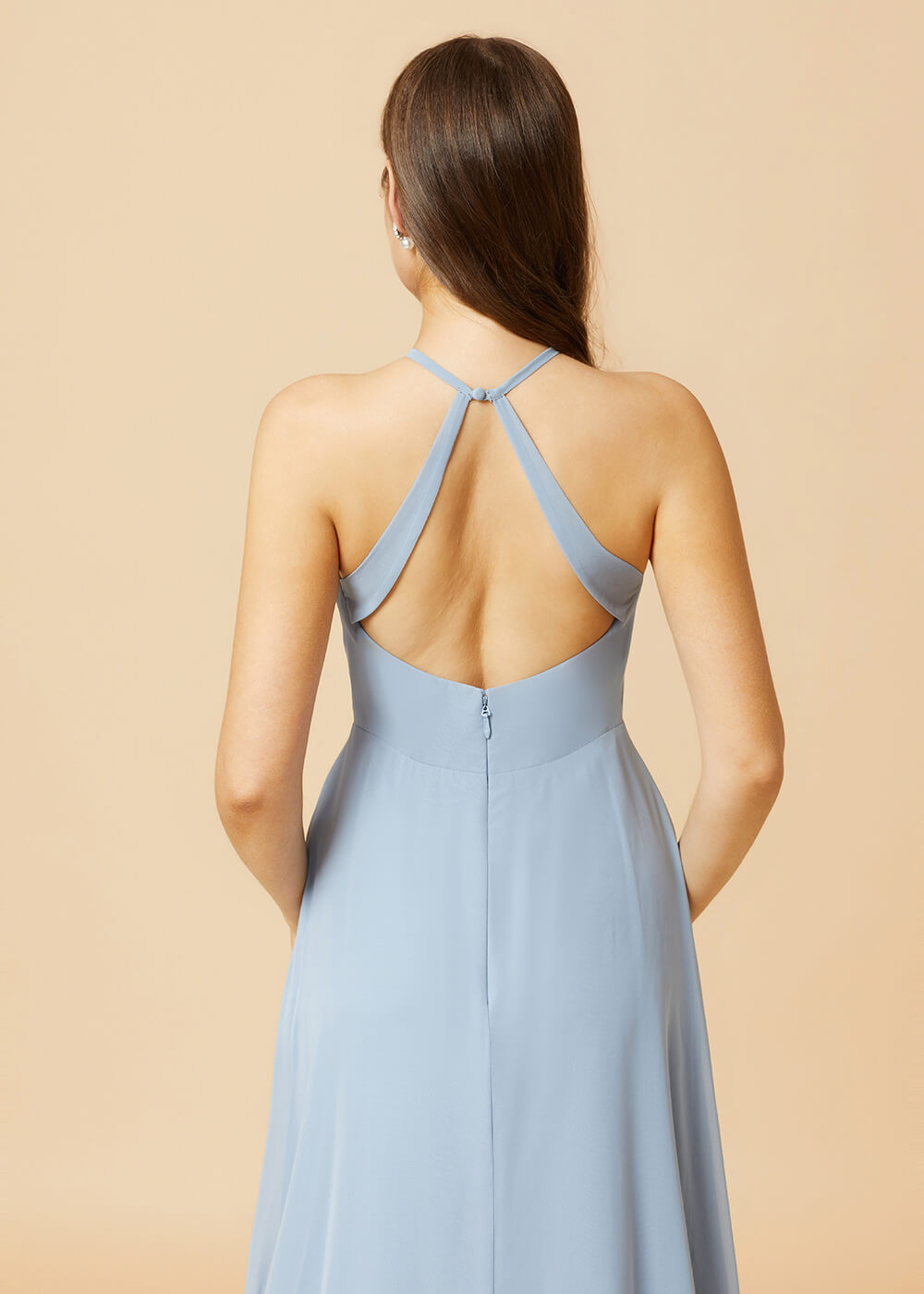 V-neck Spaghetti Strap Button Back Chiffon Bridesmaid Dress