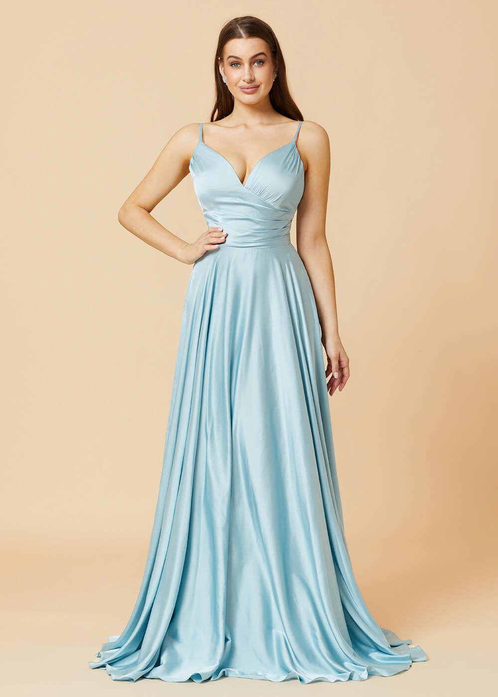 Spaghetti Strap V-neck Satin Long Bridesmaid Dress
