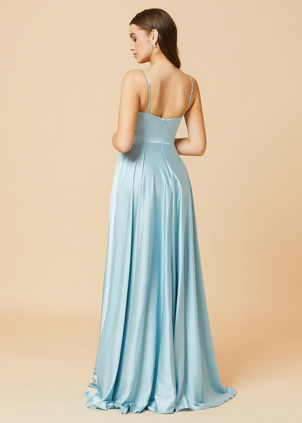 Spaghetti Strap V-neck Satin Long Bridesmaid Dress