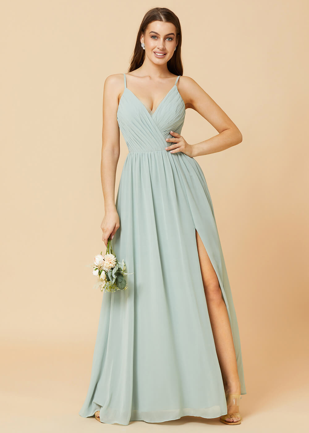 Spaghetti Strap V-neck Chiffon Maxi Bridesmaid Dress