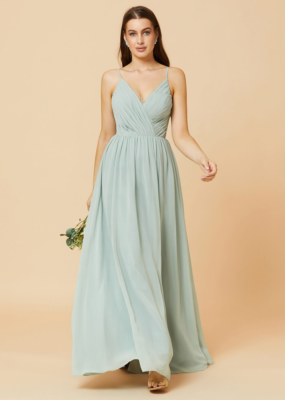 Spaghetti Strap V-neck Tie Back Chiffon Maxi Bridesmaid Dress