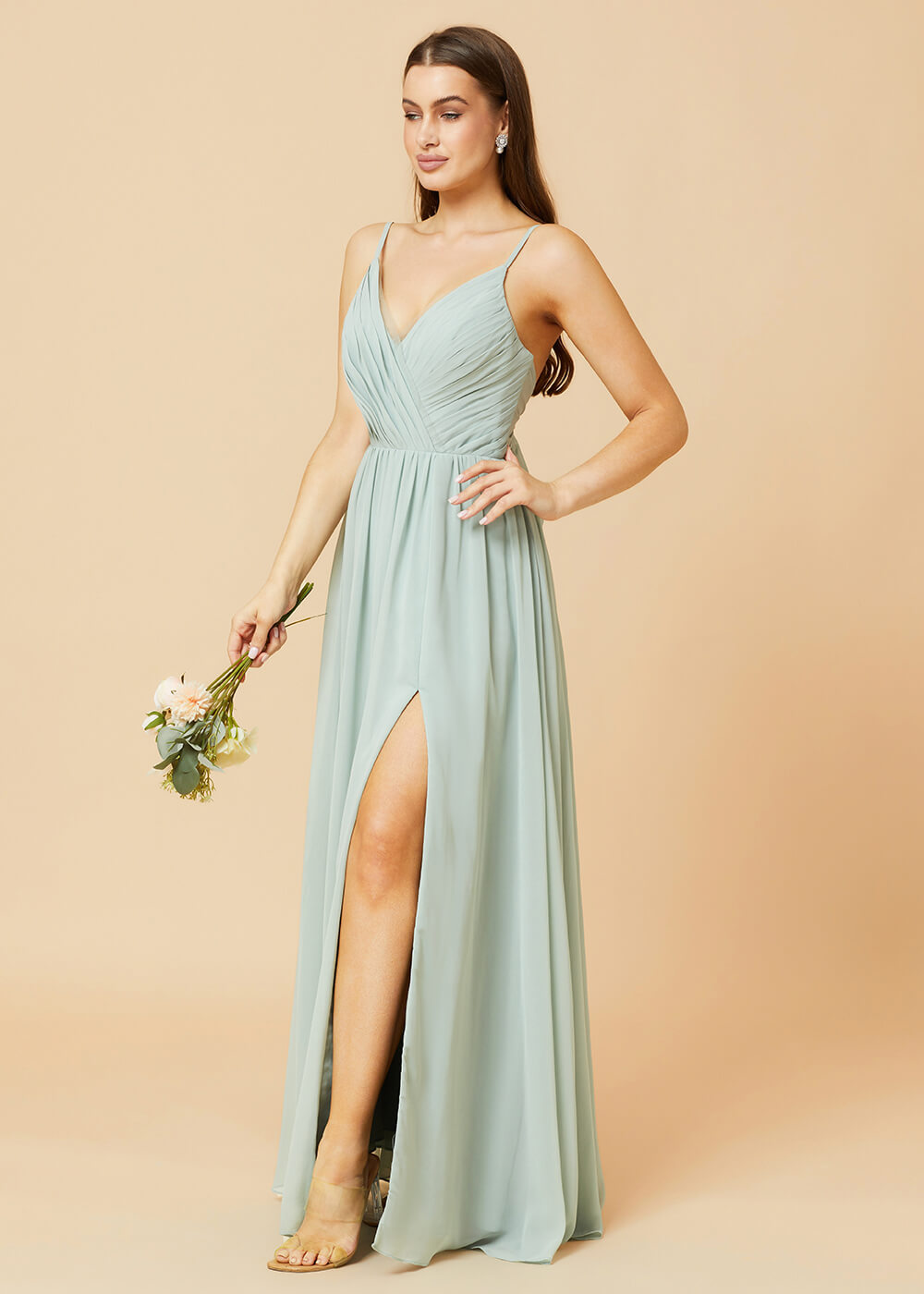 Spaghetti Strap V-neck Chiffon Maxi Bridesmaid Dress
