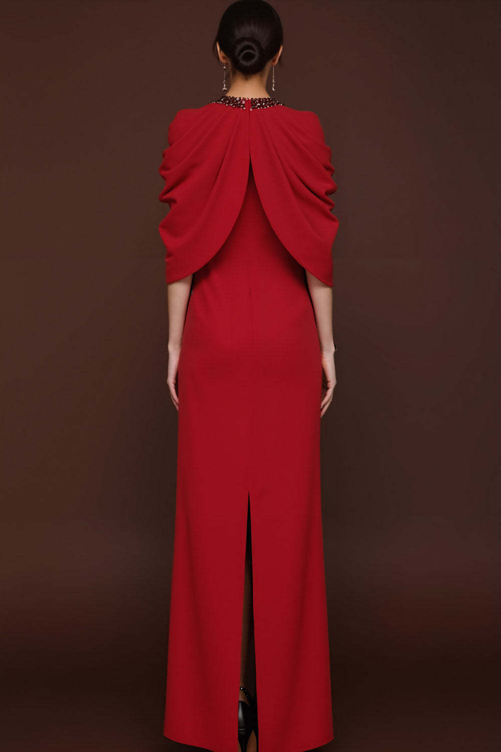 Simple Red Crew Neck Sheath Maxi Formal Dress with Slit