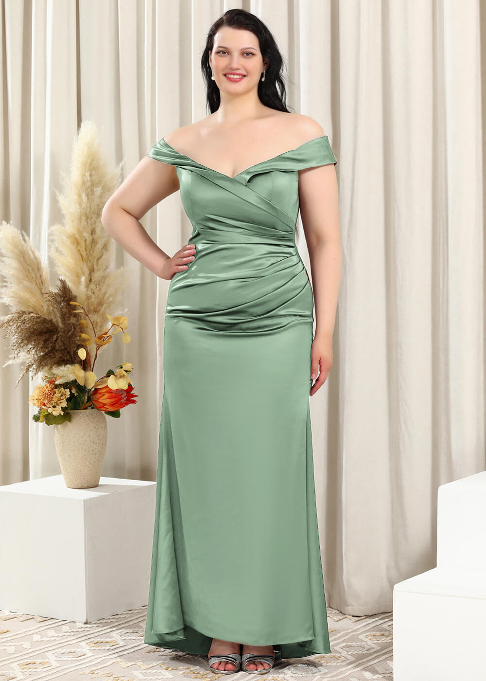 Off-the-Shoulder Trumpet Pleated Satin Floor Length Bridesmaid Dress