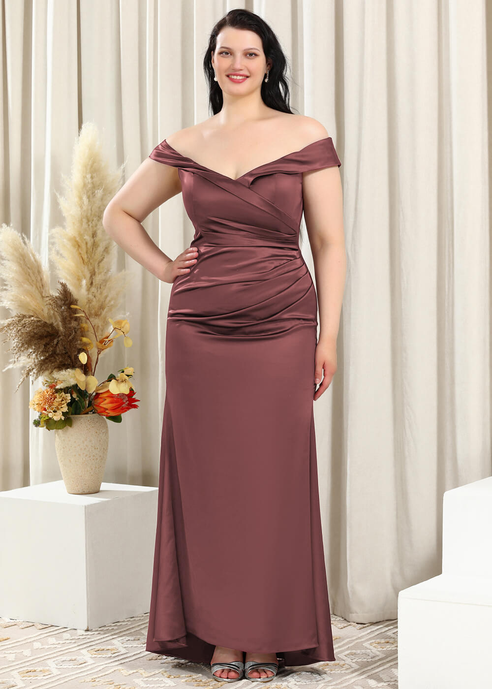 Off-the-Shoulder Trumpet Pleated Satin Floor Length Bridesmaid Dress