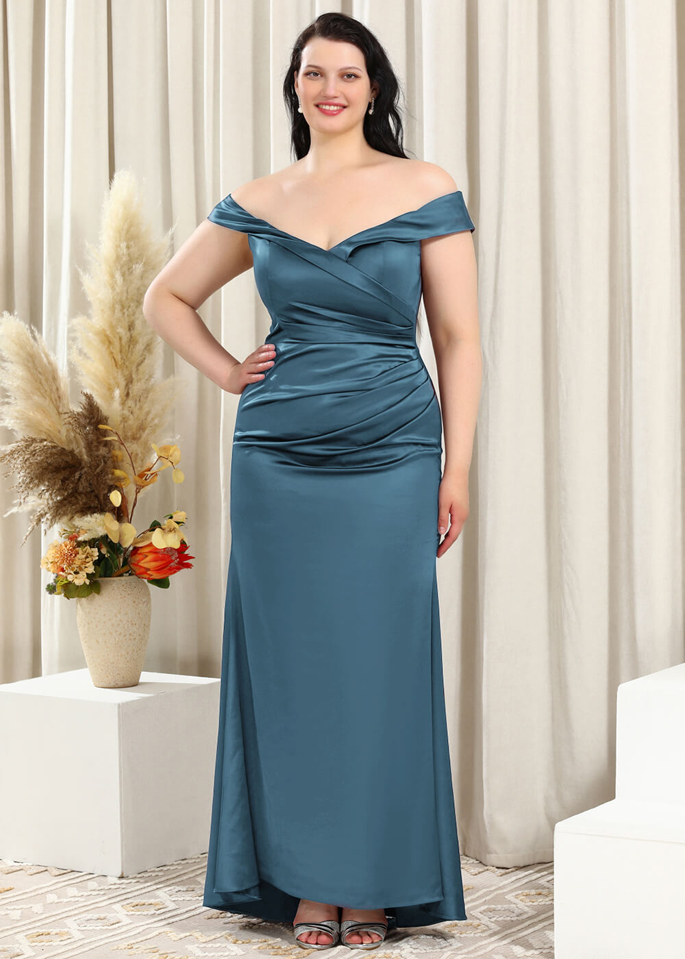 Off-the-Shoulder Trumpet Pleated Satin Floor Length Bridesmaid Dress