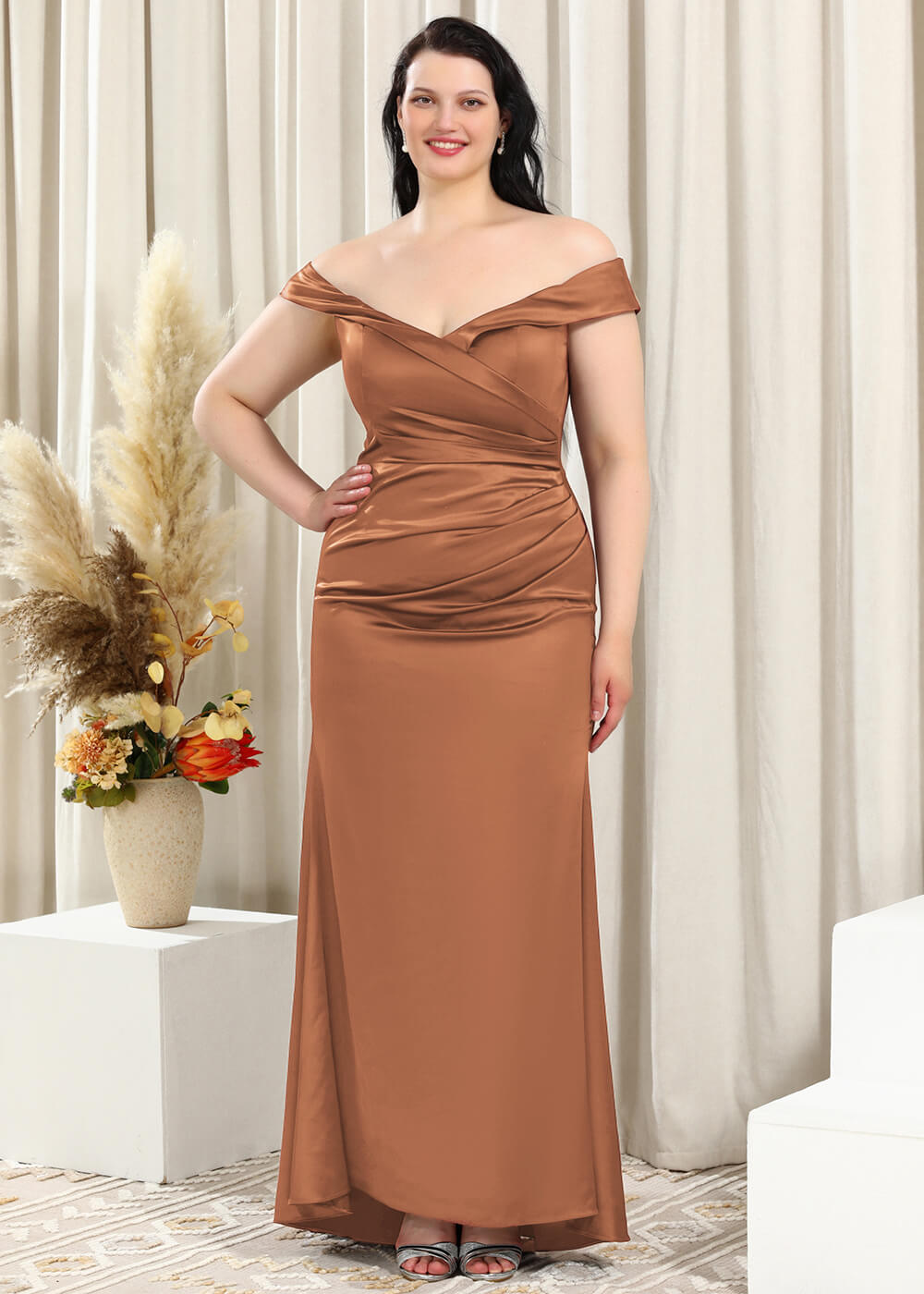 Off-the-Shoulder Trumpet Pleated Satin Floor Length Bridesmaid Dress