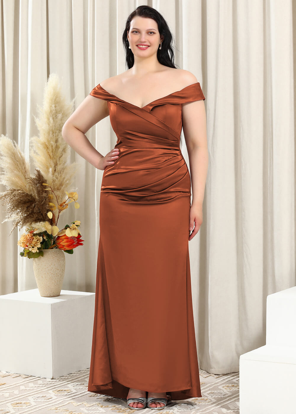 Off-the-Shoulder Trumpet Pleated Satin Floor Length Bridesmaid Dress