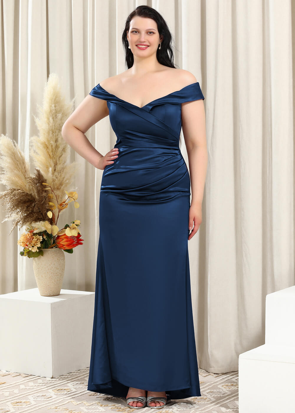 Off-the-Shoulder Trumpet Pleated Satin Floor Length Bridesmaid Dress