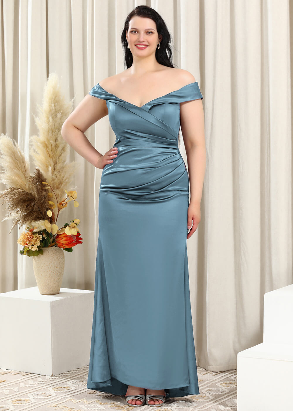 Off-the-Shoulder Trumpet Pleated Satin Floor Length Bridesmaid Dress