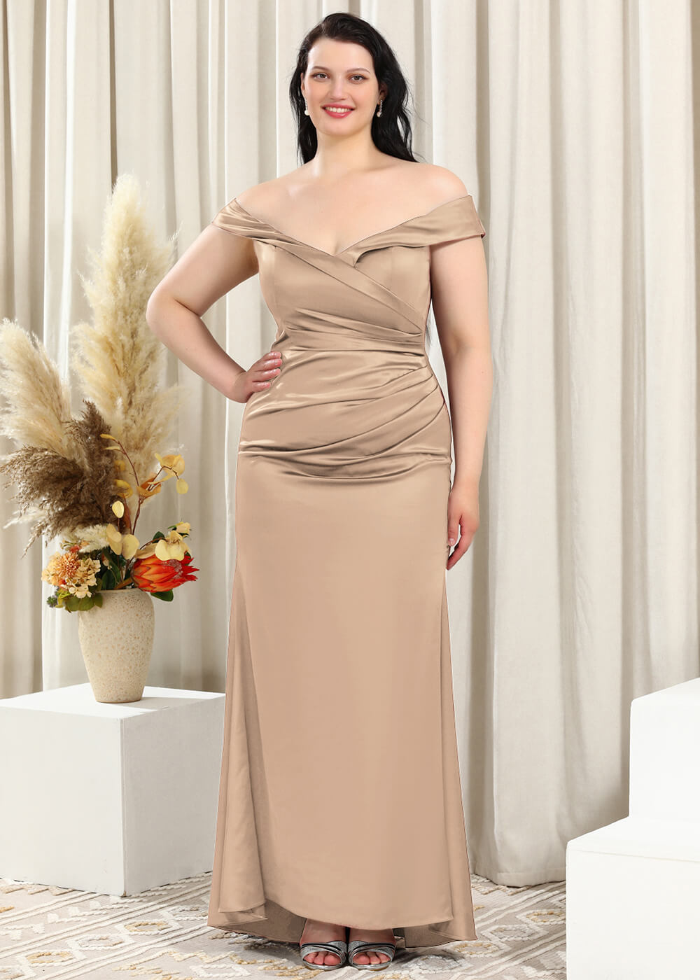 Off-the-Shoulder Trumpet Pleated Satin Floor Length Bridesmaid Dress
