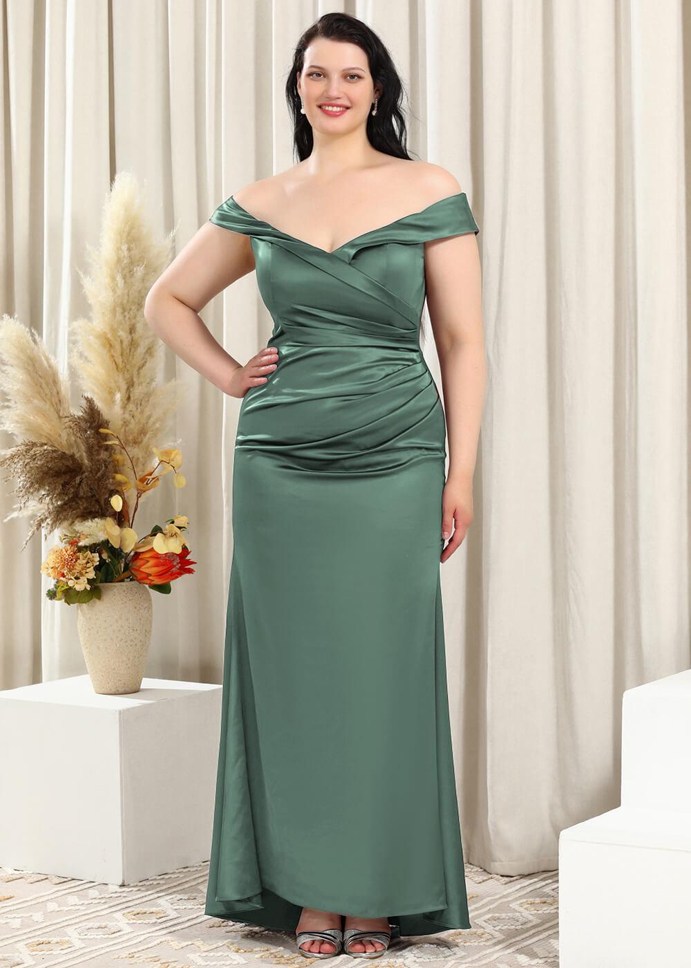 Off-the-Shoulder Trumpet Pleated Satin Floor Length Bridesmaid Dress