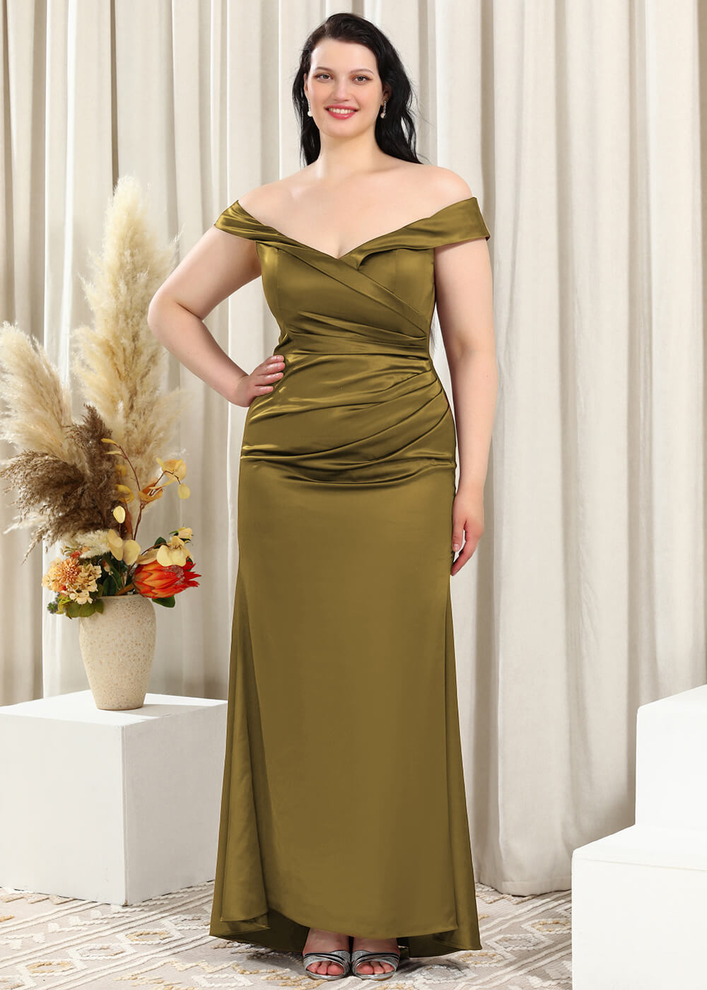 Off-the-Shoulder Trumpet Pleated Satin Floor Length Bridesmaid Dress