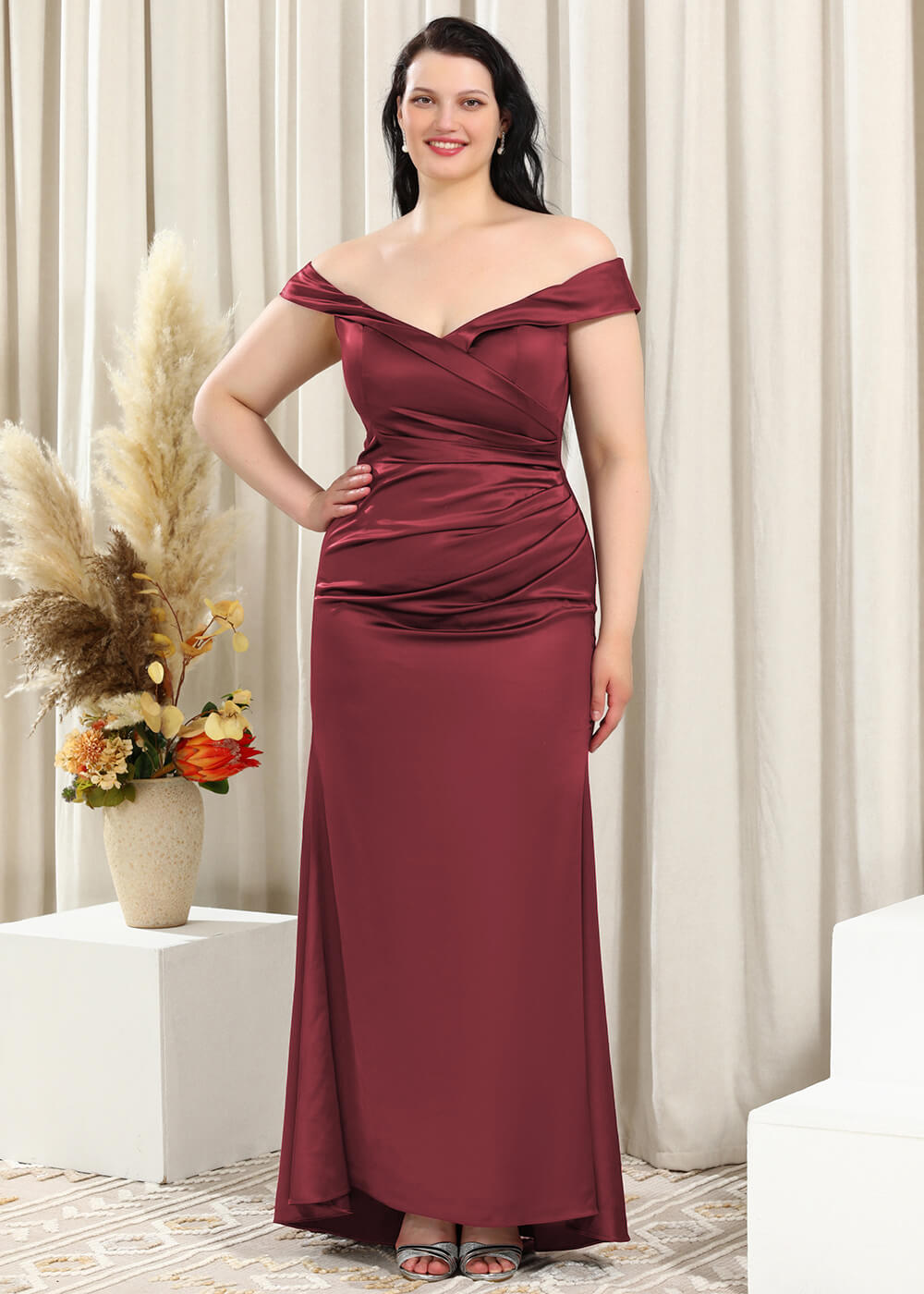 Off-the-Shoulder Trumpet Pleated Satin Floor Length Bridesmaid Dress