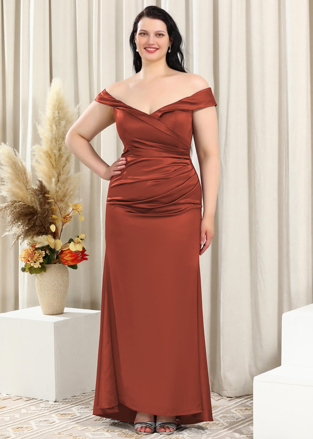 Off-the-Shoulder Trumpet Pleated Satin Floor Length Bridesmaid Dress