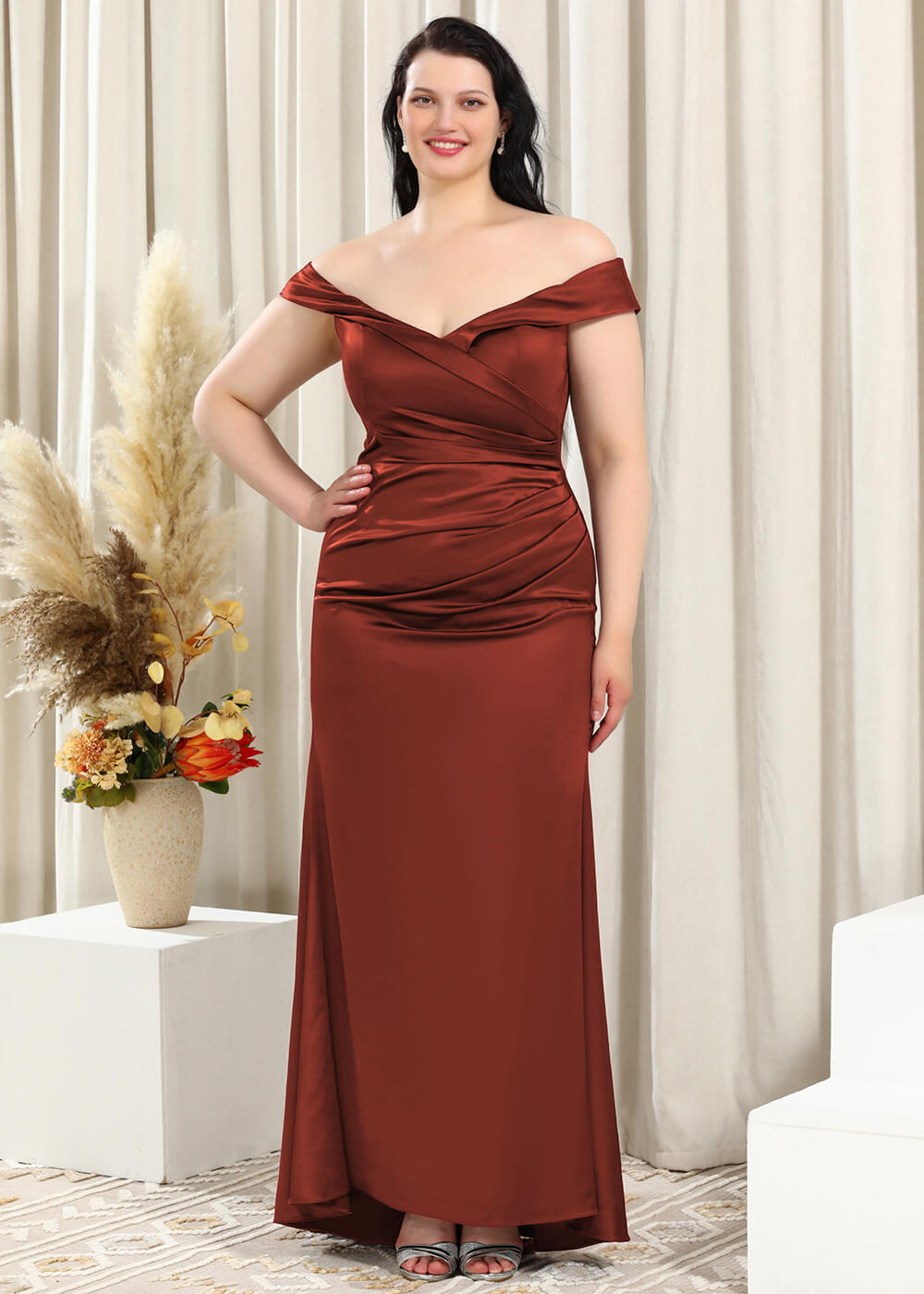 Off-the-Shoulder Trumpet Pleated Satin Floor Length Bridesmaid Dress