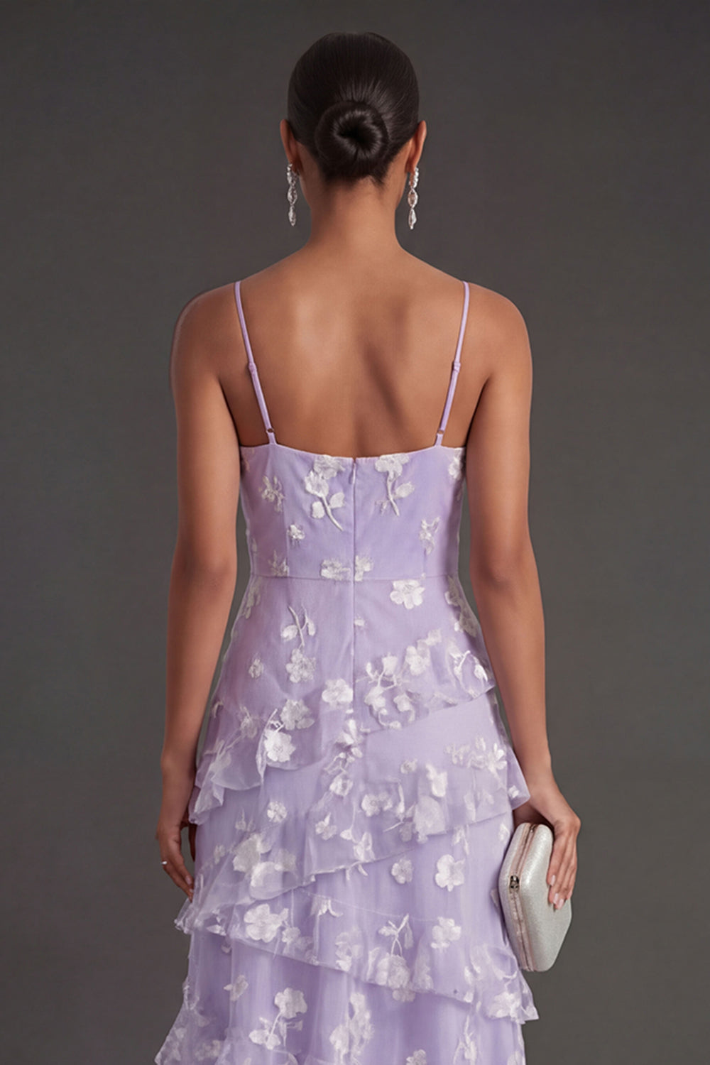 Floral White A Line Spaghetti Straps Ruffled Long Engagement Dress with Slit