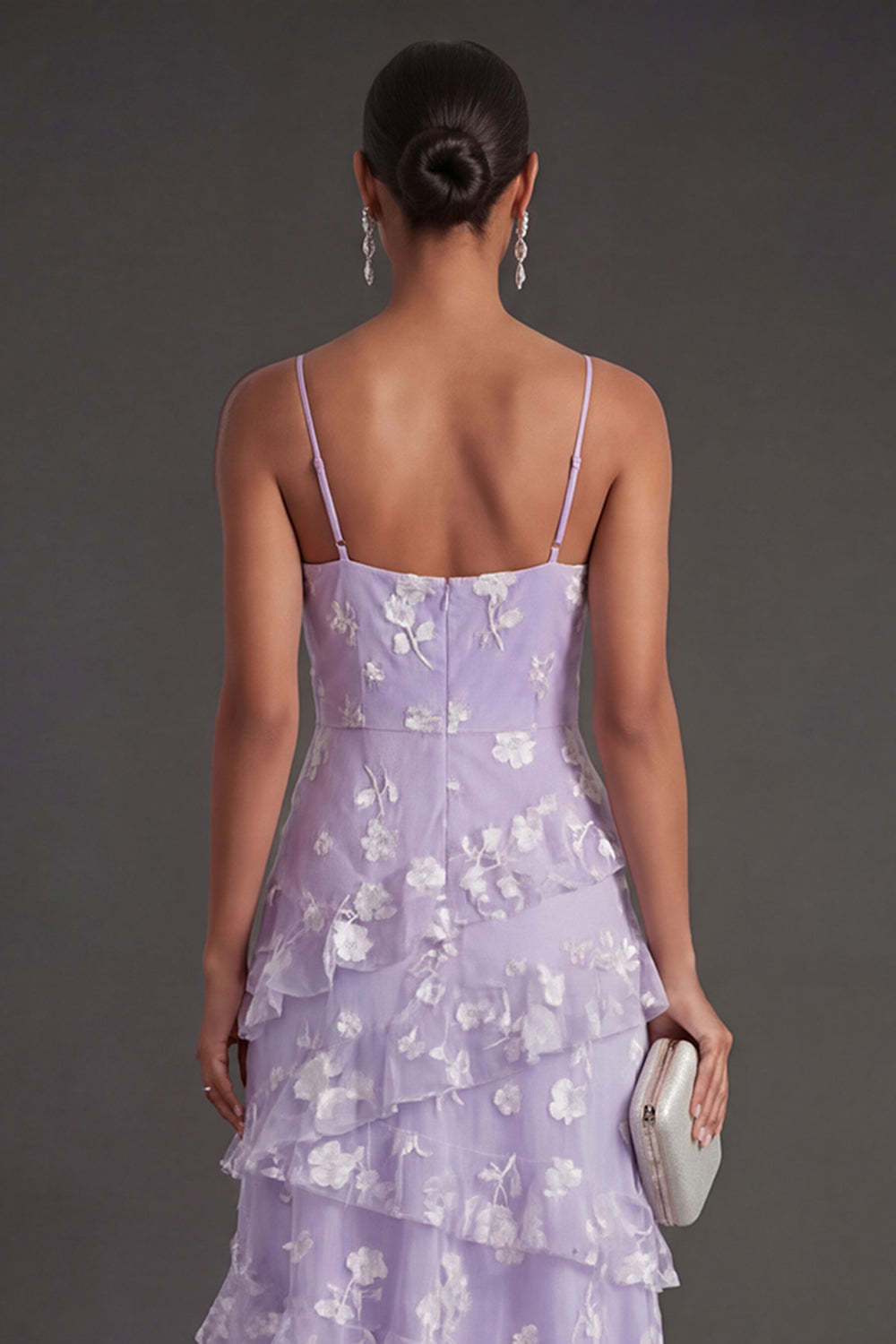 Floral White A Line Spaghetti Straps Ruffled Long Engagement Dress with Slit
