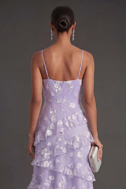 Floral White A Line Spaghetti Straps Ruffled Long Engagement Dress with Slit
