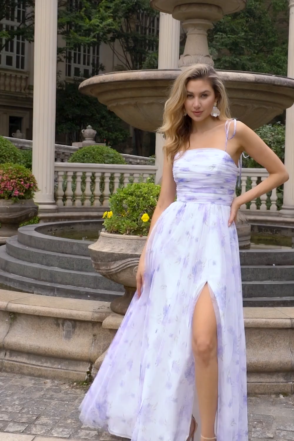 Lavender Flower Spaghetti Straps A Line Long Bridesmaid Dress with Slit