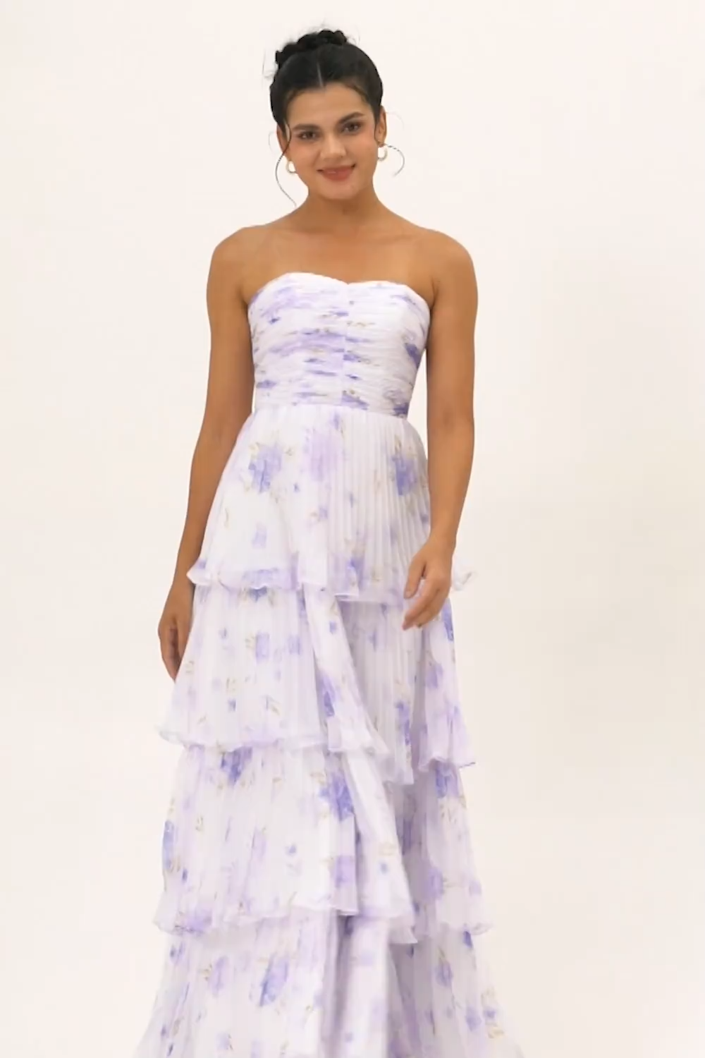 Lavender Floral A Line Maxi Pleated Bridesmaid Dress with Ruffles