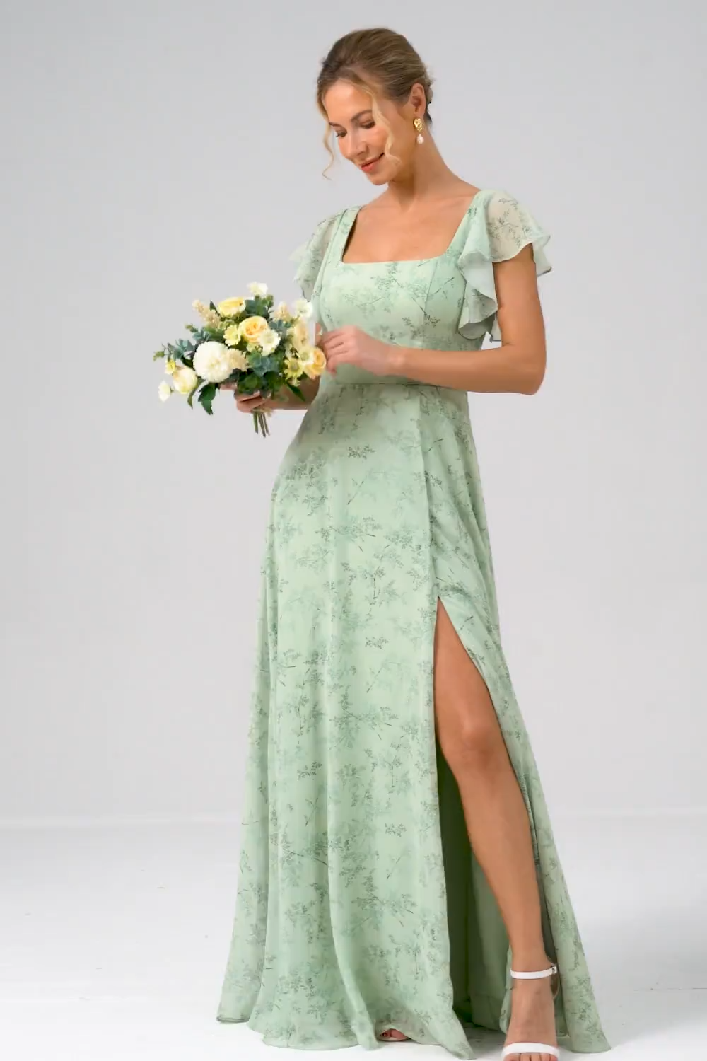 Dusty Sage Floral Printed A-Line Bridesmaid Dress with Slit