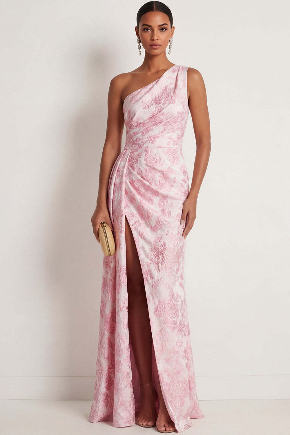 Leely Women Satin Pink Floral Mermaid Long Formal Dress with Slit Ruched One Shoulder Sleeveless Wedding Guest Dress