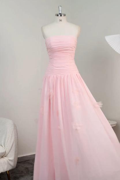 Strapless Light Blue A Line Strapless Floral Appliqued Long Bridesmaid Dress
