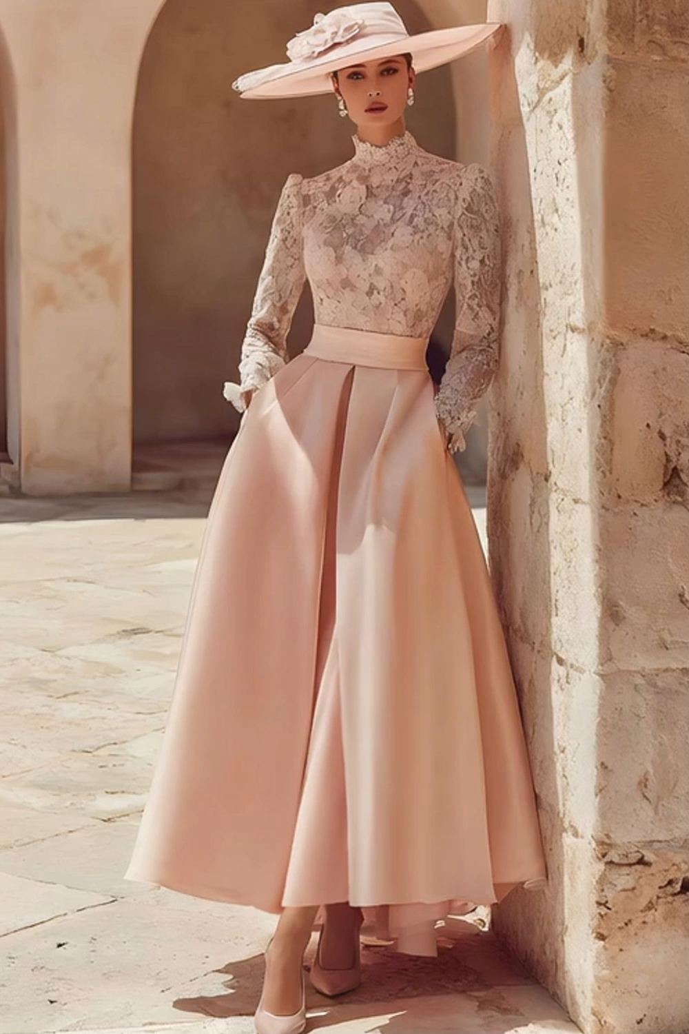 Candy Pink A Line High Neck Long Mother of the Bride Dress with Lace