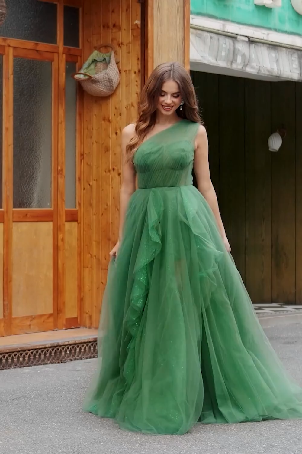 Glitter Dark Green One Shoulder Ball Gown Ruffled Prom Dress with Slit