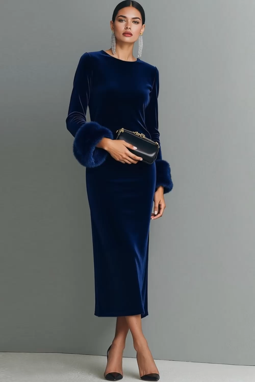 Dark Blue Velvet Sheath Long Formal Dress with Sleeves