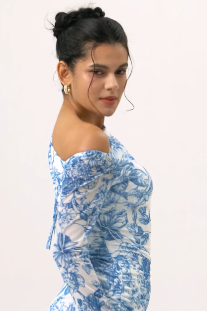 Blue Satin Floral One Shoulder Long Bridesmaid Dress with Slit