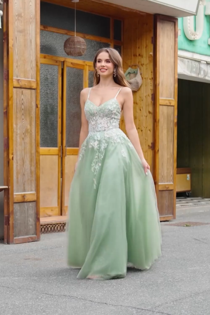 Glitter Sage Spaghetti Straps Applique Tulle Prom Dress