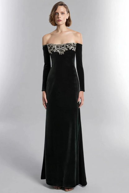 Black Velvet Long Sleeves Sheath Holiday Party Dress with Rhinestones