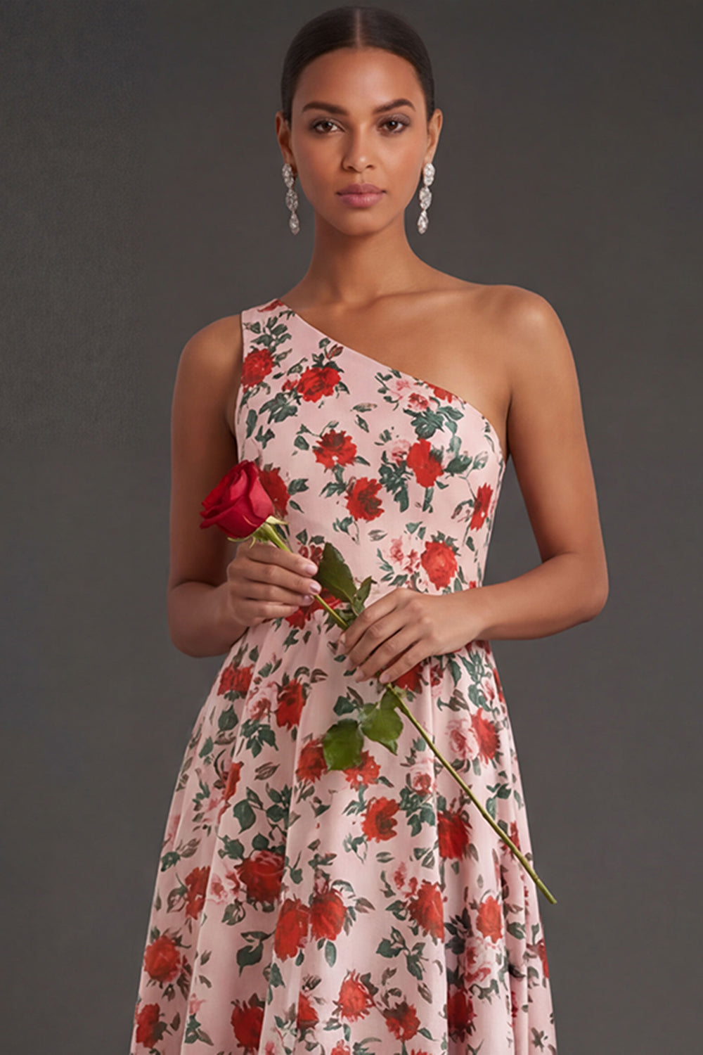 Pink Red Floral One Shoulder A Line Long Formal Dress