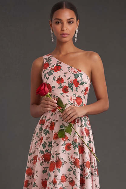 Pink Red Floral One Shoulder A Line Long Formal Dress