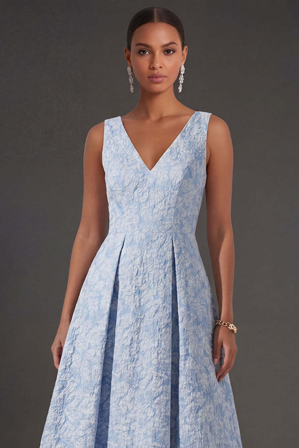 Blue Jacquard Floral A Line V Neck Long Formal Dress