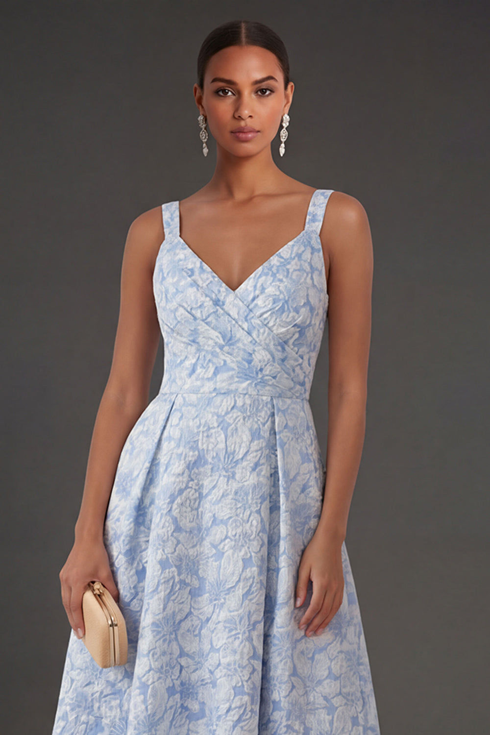 Blue Jacquard Floral Thick Straps A Line Midi Formal Dress