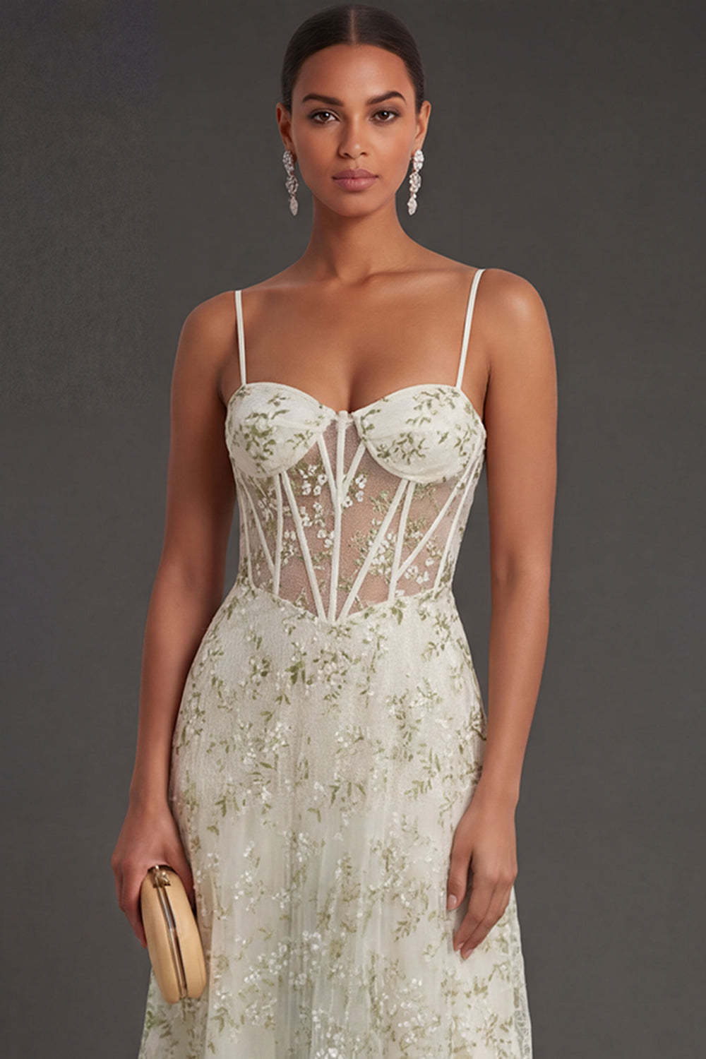 Light Green Floral Corset Spaghetti Straps Long Formal Dress