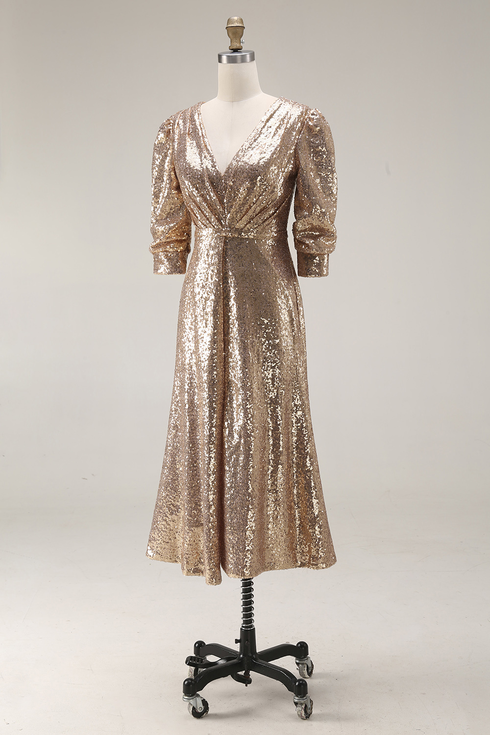 Sparkly Champagne Sequins Half Sleeves Long Formal Dress with Slit