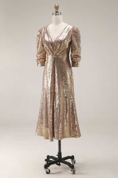 Sparkly Champagne Sequins Half Sleeves Long Formal Dress with Slit