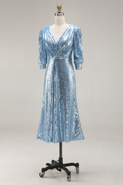 Sparkly Champagne Sequins Half Sleeves Long Formal Dress with Slit