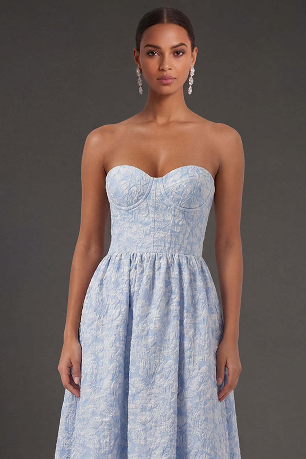 Blue Jacquard A Line Strapless Floral Long Formal Dress