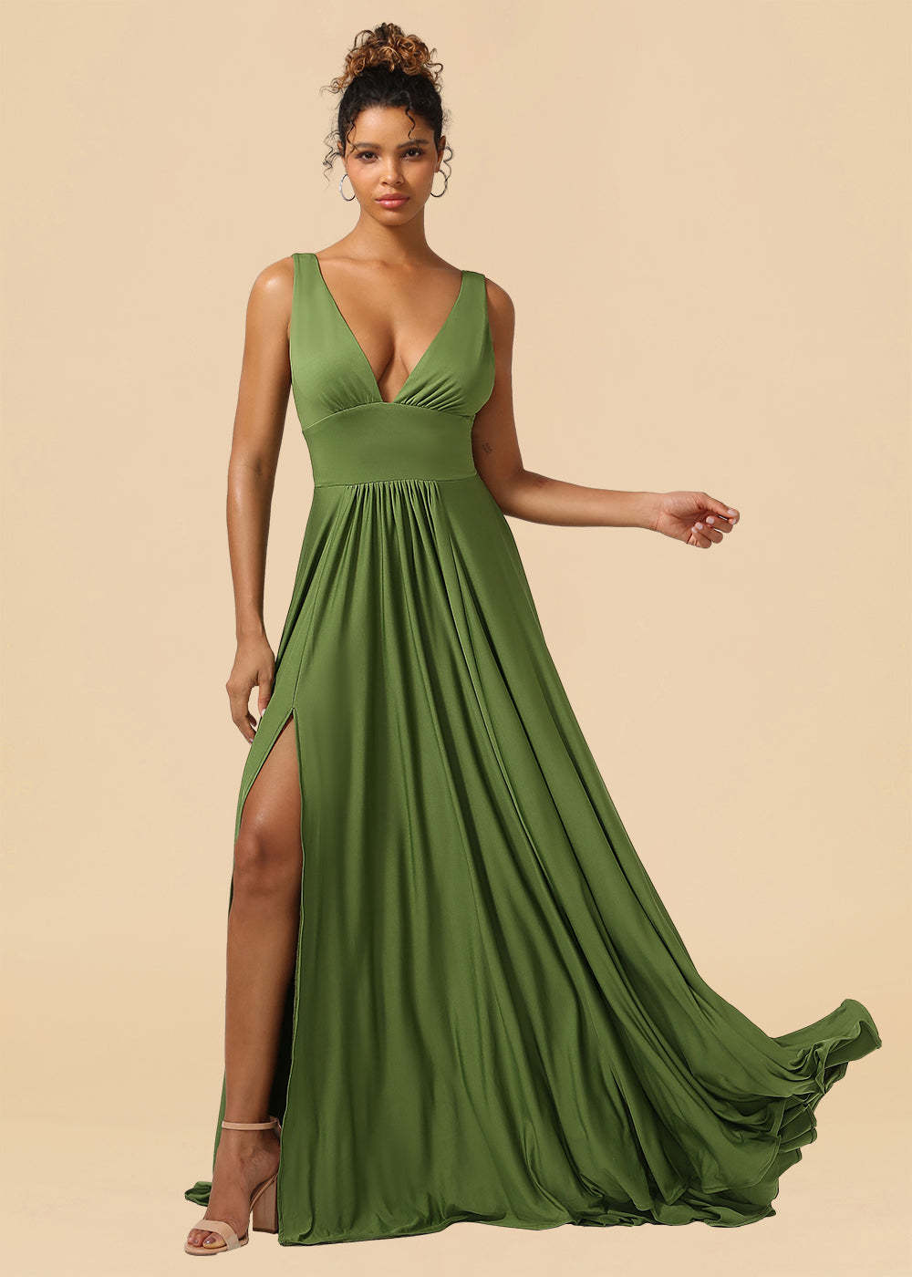 Deep V-neck Spandex A-line Maxi Bridesmaid Dress with Slit