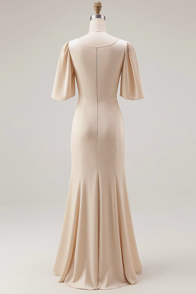 Champagne Round Neck Satin Maxi Bridesmaid Dress with Sleeves