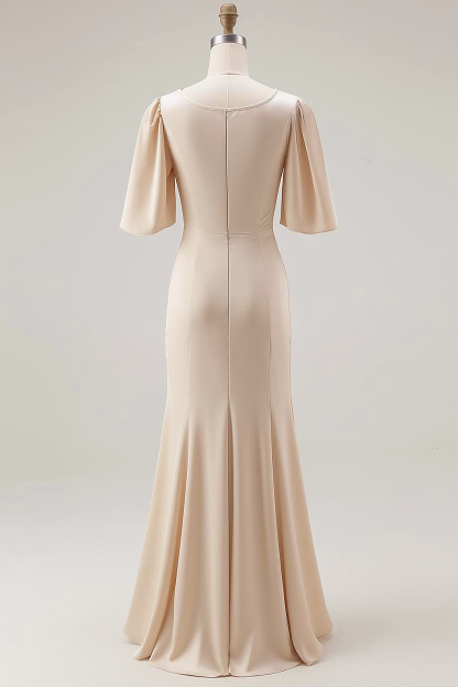 Champagne Round Neck Satin Maxi Bridesmaid Dress with Sleeves