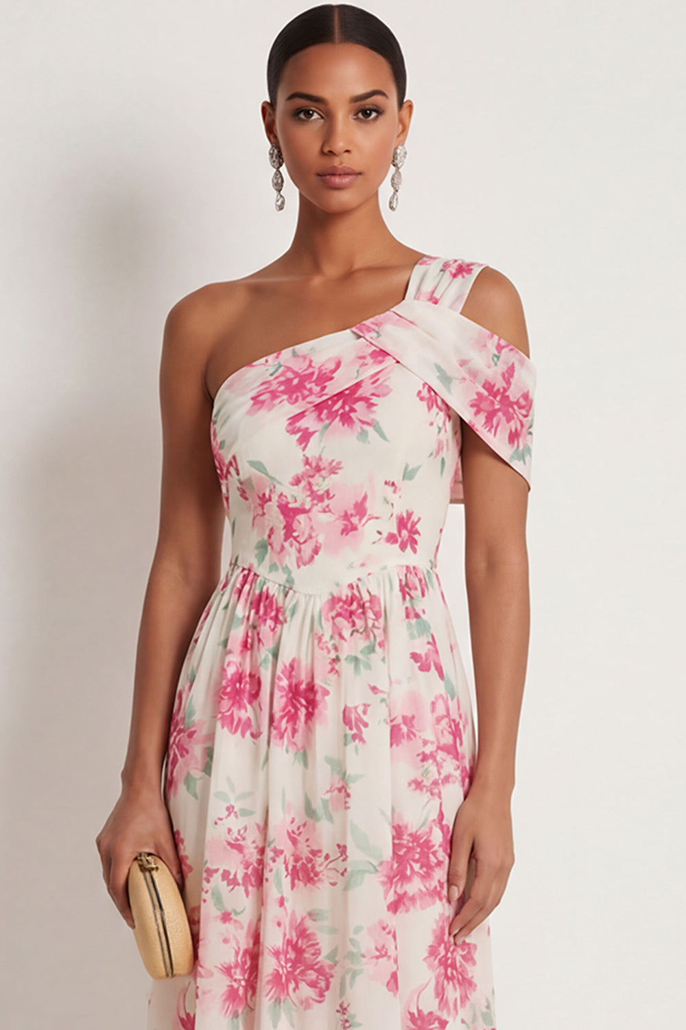White Fuchsia Floral A Line One Shoulder Long Formal Dress