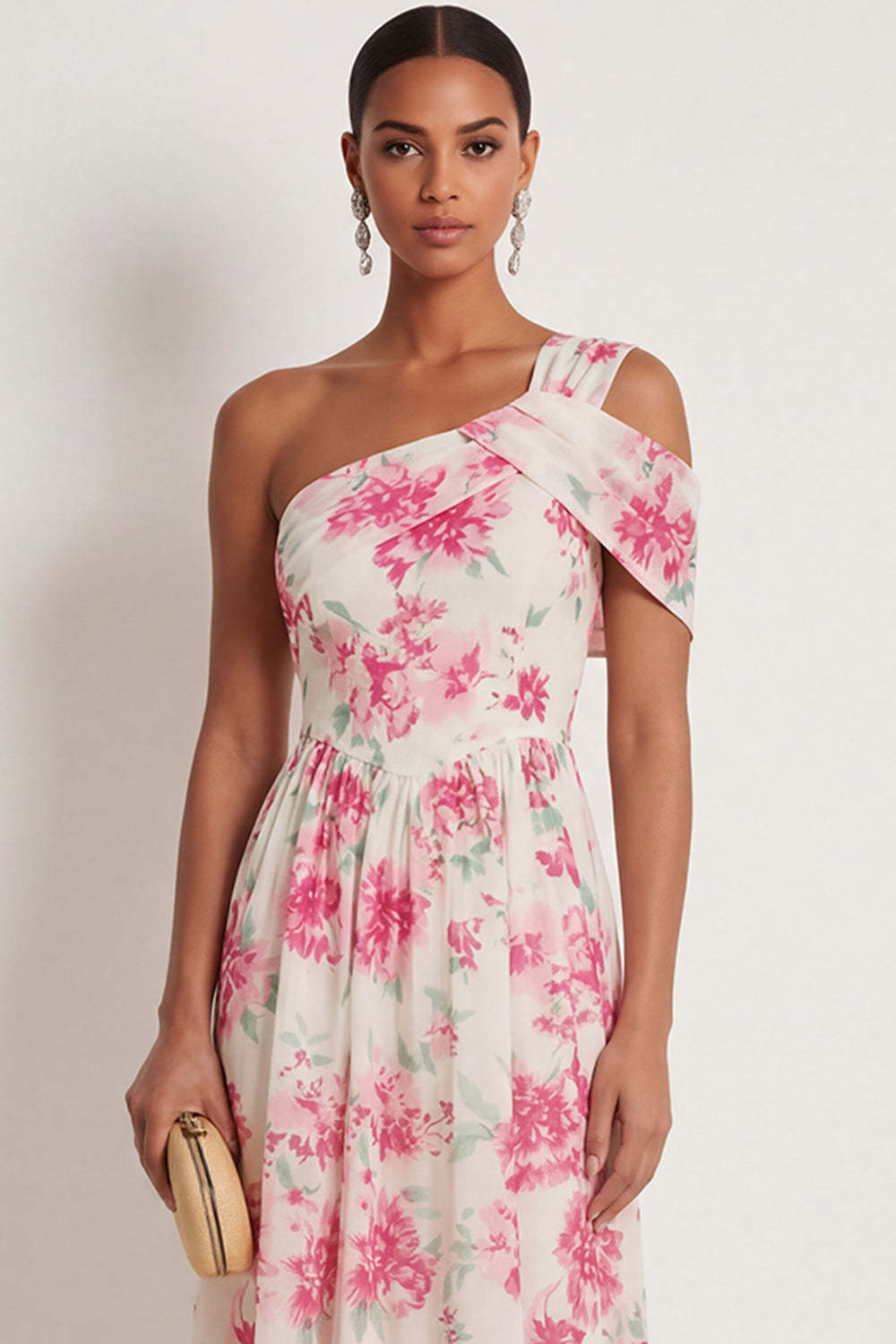 White Fuchsia Floral A Line One Shoulder Long Formal Dress