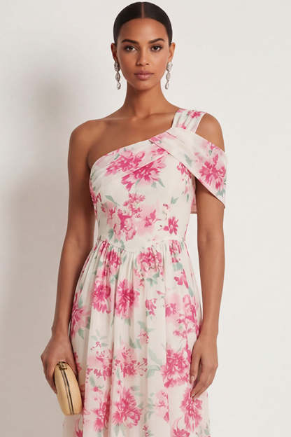 White Fuchsia Floral A Line One Shoulder Long Formal Dress