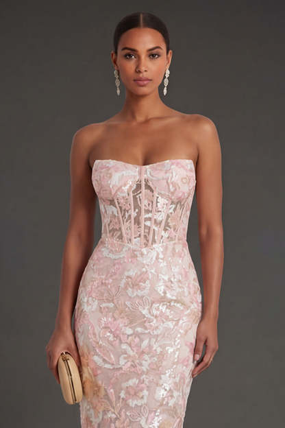 Pink Floral Appliqued Sheath Corset Long Formal Dress